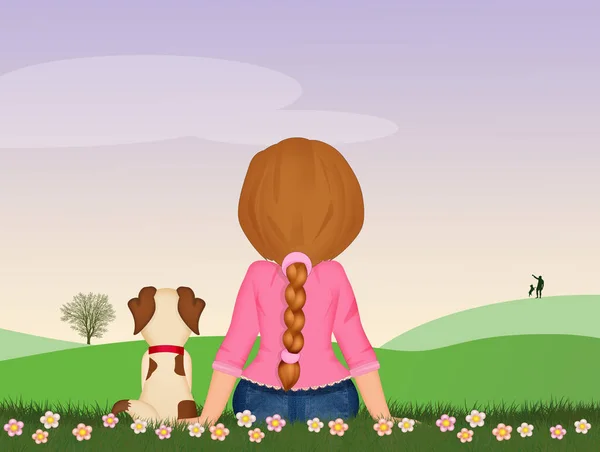 小女孩带着小狗坐在草地上 — 图库照片