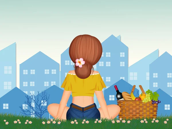 女孩在草地上野餐 — 图库照片