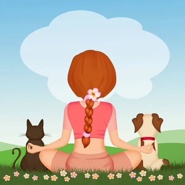 Illustration Von Mädchen Beim Yoga Mit Ihren Haustieren — Stockfoto