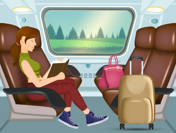 Kız Trenle Seyahat Ederken Kitap Okur — Stok fotoğraf