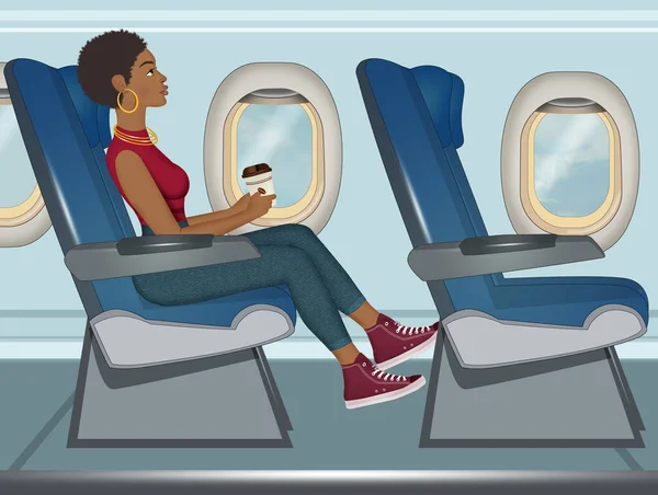 Kız Ekonomi Sınıfında Uçakla Seyahat Ediyor — Stok fotoğraf