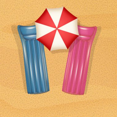 Plajdaki şişme şilte ve şemsiyenin resmi.