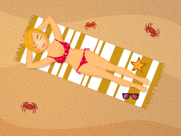Блондинка Сонячні Ванни Лежать Килимку Пляжі — стокове фото
