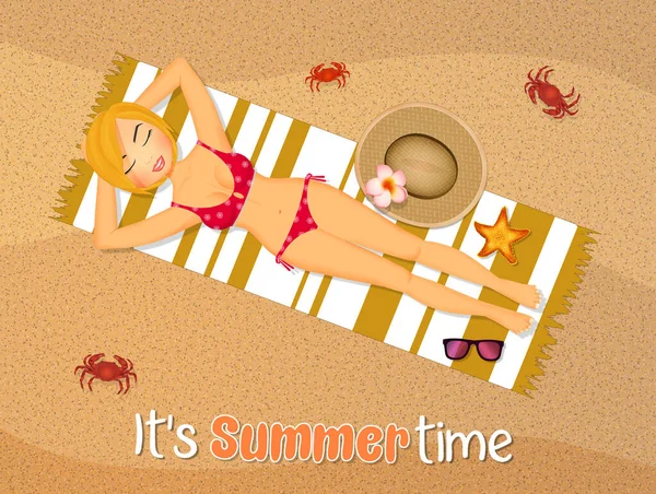 Summertime Card Girl Lying Mat Beach — Stock Photo, Image