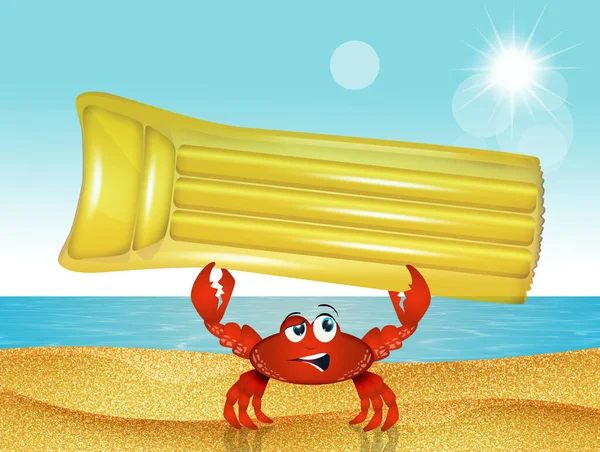 Lustige Krabbe Mit Aufblasbarer Matratze Strand — Stockfoto