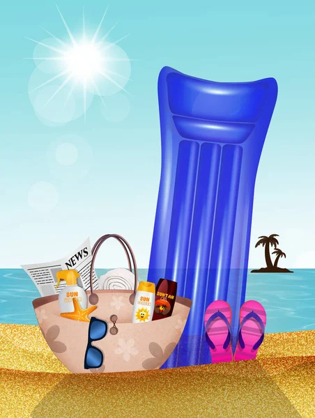 Beach Bag Flip Flops Inflatable Mattress — Stock Photo, Image