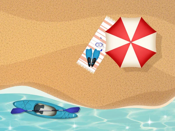 Ilustrace Deštníku Kajak Dovolené Pláži Shora — Stock fotografie