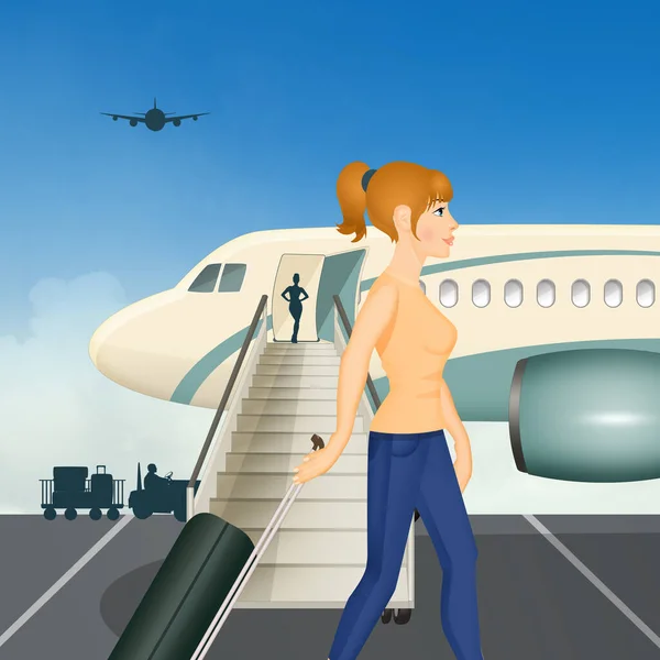 Illustration Von Mädchen Reist Mit Dem Flugzeug — Stockfoto