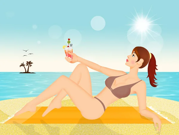 Chica Tomar Sol Sorbos Cóctel Playa — Foto de Stock