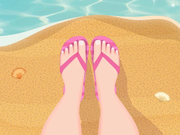 Fötter Med Flip Flops Stranden — Stockfoto