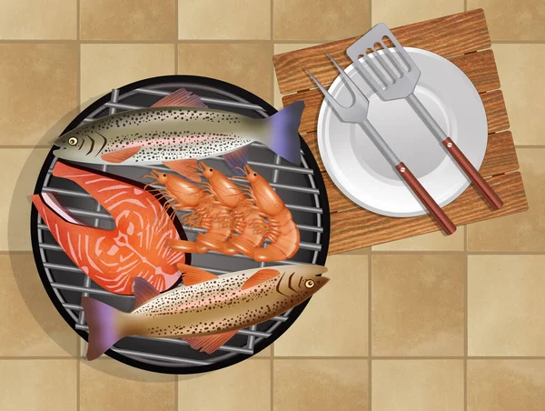 illustration of grilled fish on the barbecue