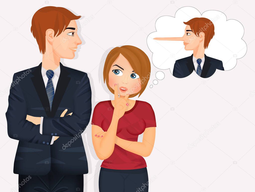 illustration of woman tries to understand if the man tells a lie