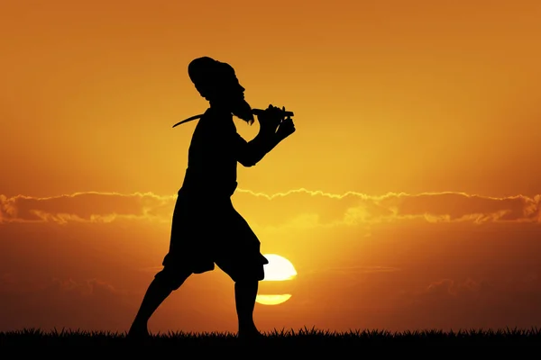 Hombre Árabe Con Cimitarra Atardecer — Foto de Stock