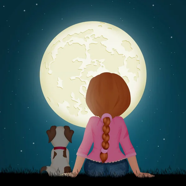 月明かりの下に座っている女の子と犬 — ストック写真