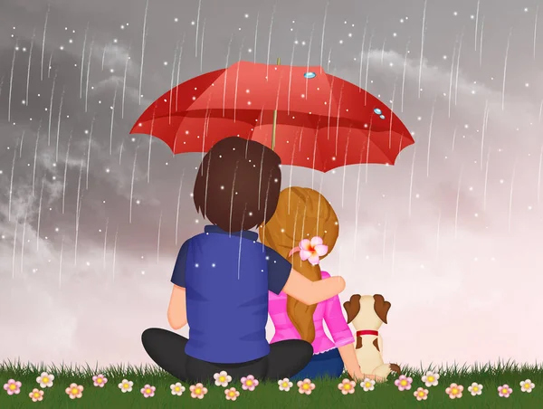 Illustration Couple Sous Pluie — Photo