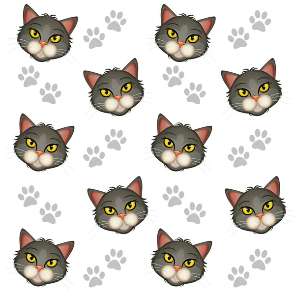 Illustration Kitten Faces Footprints Background — Stock Photo, Image
