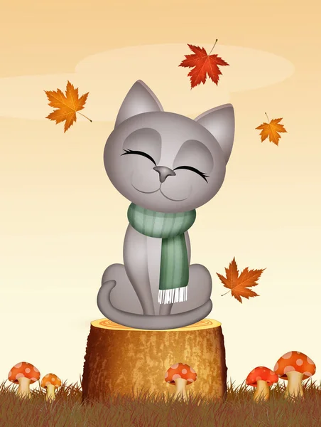 Sonbaharda Kedi Yavrusunun Komik Bir Çizimi — Stok fotoğraf