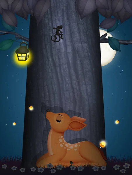 Fawn Sitting Oak Tree Moonlight — Stock Photo, Image