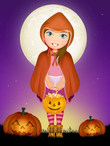 Klein Meisje Gekleed Masker Voor Halloween Nacht — Stockfoto