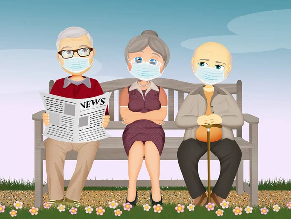 Pensionistas Sentados Banco Con Máscara Quirúrgica —  Fotos de Stock