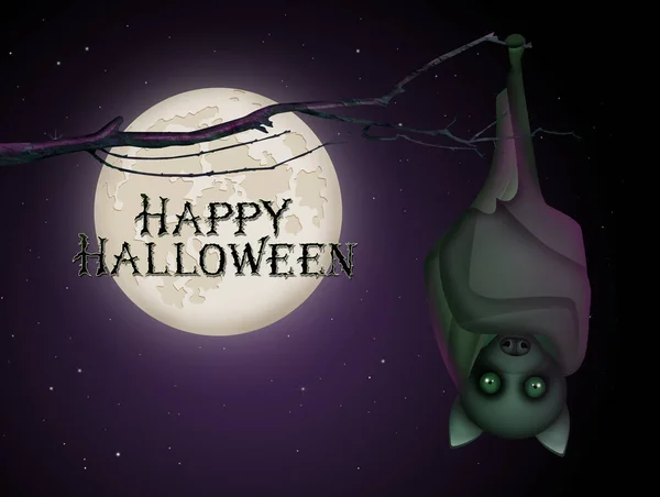 Illustratie Van Vleermuis Opknoping Tak Het Maanlicht Halloween Nacht — Stockfoto
