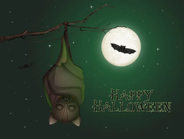 Halloween Képeslap Denevér Lóg Fán — Stock Fotó