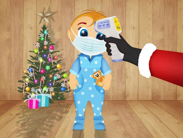 Санта Клаус Перевіряє Гарячку Дитину Через Коїд — стокове фото