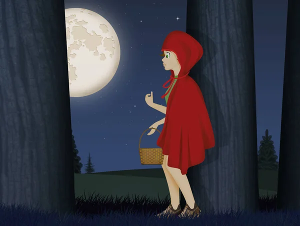 月明かりの中の森の中の小さな赤いライディングフードのイラスト — ストック写真