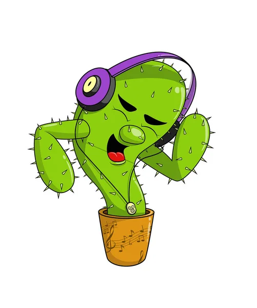 Lindo personaje de cactus feliz está escuchando música con auriculares, bailando y cantando — Vector de stock