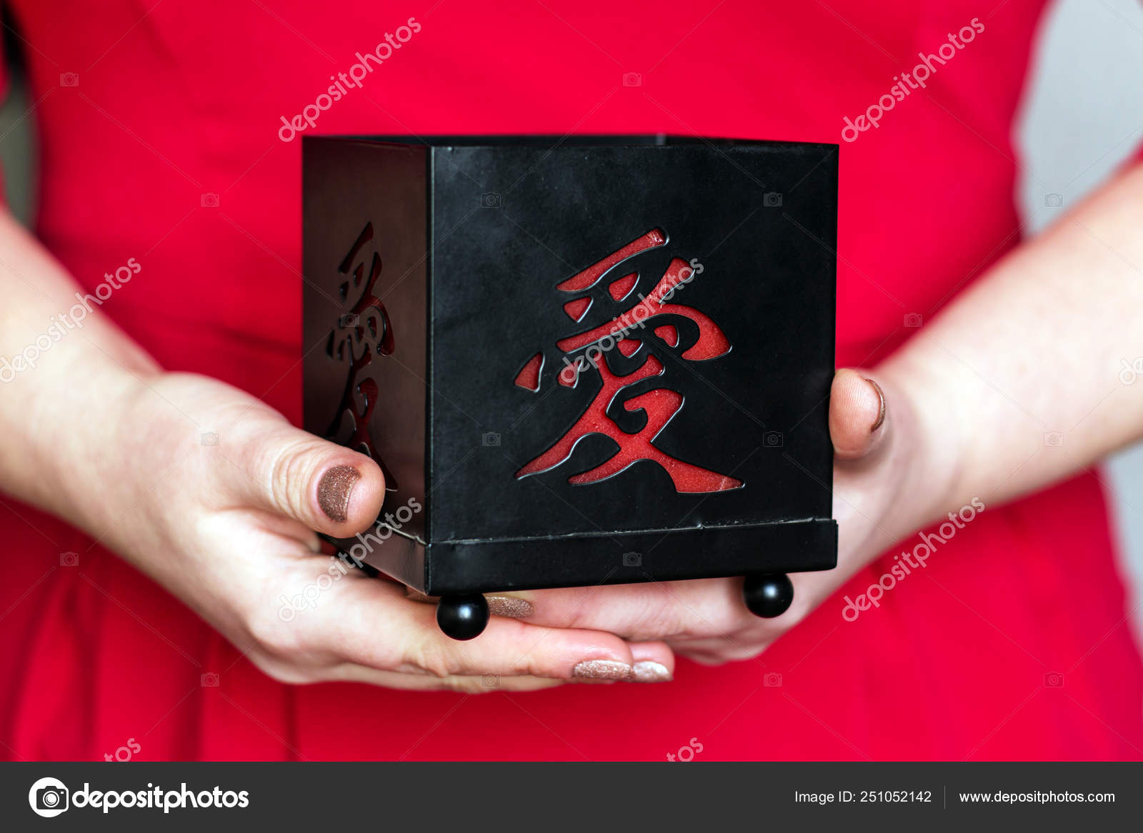 Woman Red Dress Holding Black Candle Japanese Kanji Love Symbol Stock Photo Image By C Annamakar
