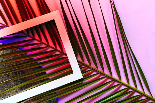 Weißer Rahmen mit Palmblättern auf trendigem Neonhintergrund. Sommerkonzept. Draufsicht, flache Lage. — Stockfoto