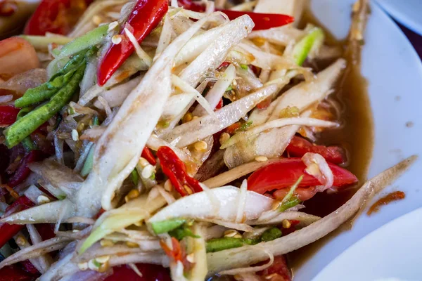 Tutup Salad Pepaya Thailand Som Tam Thai Disajikan Dengan Sayuran — Stok Foto