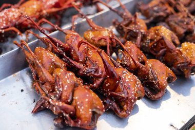 Kızarmış bıldırcın yer içinde belgili tanımlık tepsi yerel pazarda, Tayland Satılık. 