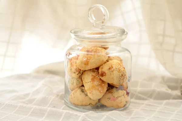 Delicious Homemade Cookies Jar Cloth Surface Close Low Angle View — Stock Photo, Image