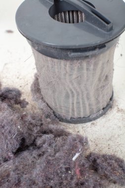 Hepa elektrikli süpürge (yüksek verimlilik partikül hava) filtresinden ortak ev tozu. beyaz bir arka plan üzerinde izole makro görünümü