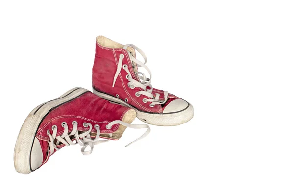 Old Dirty Shabby Red Sneakers Close White Background Free Space — Stock Photo, Image