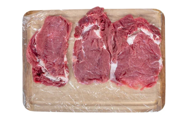 Bifes Carne Crua Fresca Sobre Vácuo Aberto Embalado Placa Corte — Fotografia de Stock