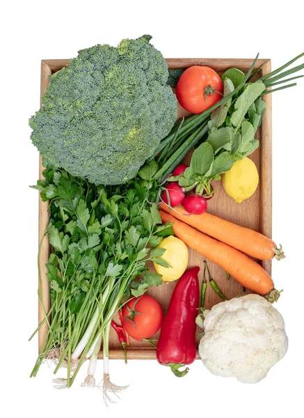 Concepto Alimentos Orgánicos Saludables Verduras Frescas Colores Una Bandeja Madera — Foto de Stock