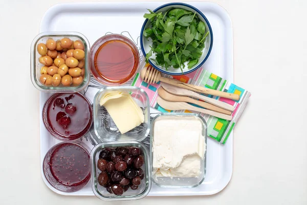 Traditional Turkish Breakfast Olives Feta Cheese Parsley Honey Jam White — Stock Photo, Image