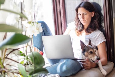 Bir dizüstü bilgisayar üzerinde bir pencere koltuk bacaklarını içinde yan yatan bir köpek kullanan genç ve güzel kadın