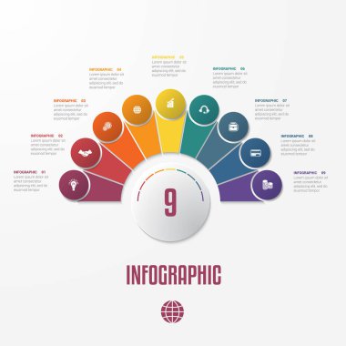 İş akışı, afiş, diyagram için kullanılacak grafik şablon öğeleri Infographics kavramsal döngüsel işlemler için 9 pozisyonlar mümkün ayarlamak, Web tasarım, zaman çizelgesi, alan grafiği, seçenekleri numara