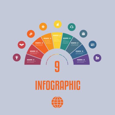  Infographic şablondan metin alanları dokuz pozisyonlar ile renkli parçalar yarım daire.