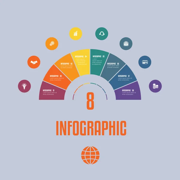 Modello Infografico Parti Colorate Semicerchio Con Aree Testo Otto Posizioni — Vettoriale Stock