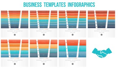 Horizontal colorful strips for text.  Templates for 3, 4, 5, 6, 7, 8, 9 positions. Can be used for Business presentation, Web design, infograph, Data Visualization. Set of business icons clipart