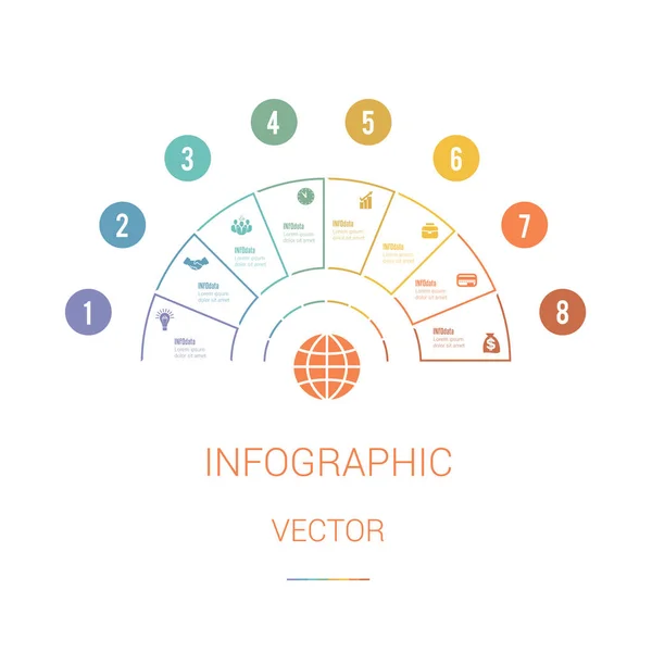 图表模板彩色饼图半圆与文本区域在8个位置 白色背景 一组业务图标 经营策略 — 图库矢量图片
