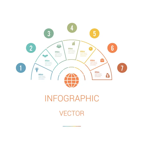 图表模板彩色饼图半圆与文本区域在7个位置 白色背景 一组业务图标 经营策略 — 图库矢量图片