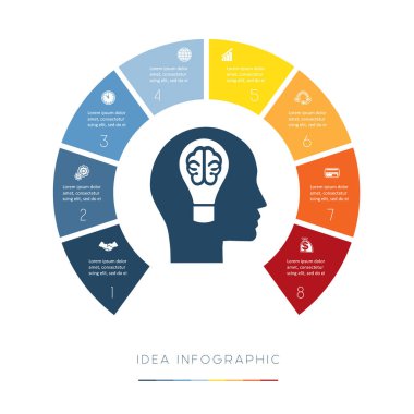 Kafa, ampul, beyin. Kavramsal fikir Infographic. Vektör şablon 8 pozisyonlar için metin alanı, iş akışı, afiş, diyagram, web tasarım, zaman çizelgesi, alan grafiği, numarası seçenekleri için kullanmak mümkün