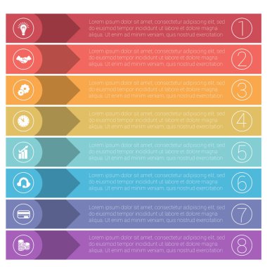 Şablon infographics gelen renkli şeritler. 8 pozisyonlar için iş kavramı.