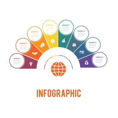 Renkli yarım daire ve daire. Öğeleri Infographics kavramsal döngüsel işlemlerin 8 pozisyonları mümkün için iş akışı kullanmak için afiş, diyagram, Web tasarım, zaman çizelgesi, alan grafiği, numara seçenekleri