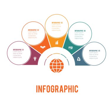 Renkli yarım daire ve daire. Öğeleri Infographics kavramsal döngüsel işlemlerin 5 pozisyonlar mümkün için iş akışı kullanmak için afiş, diyagram, Web tasarım, zaman çizelgesi, alan grafiği, numara seçenekleri
